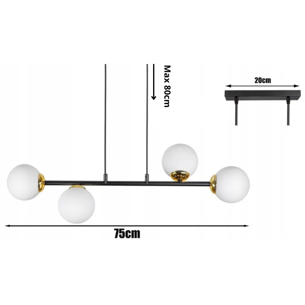 Hanglamp 4-lamps witte bol zwart/goud