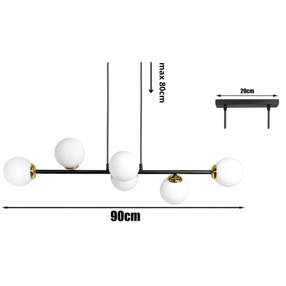 Hanglamp 6-lamps witte bol zwart/goud