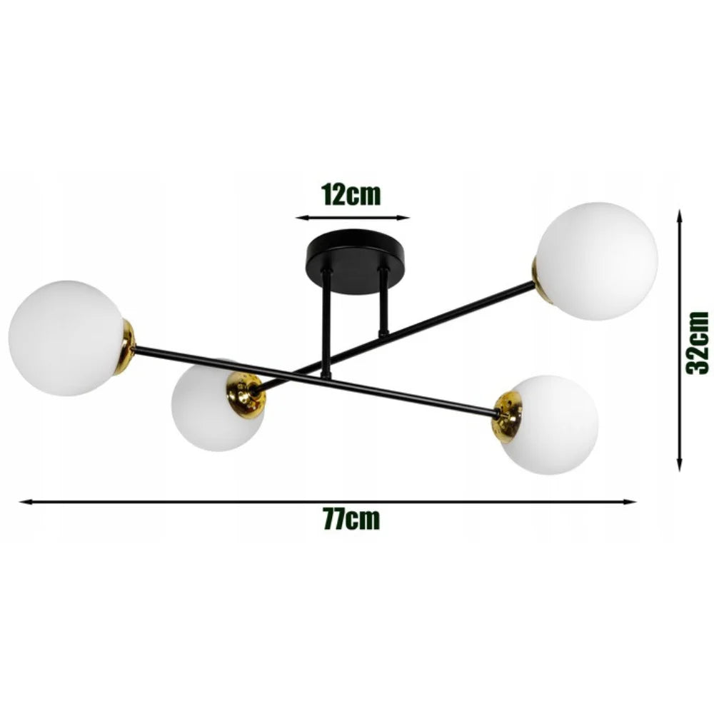 Plafondlamp 4-lamps witte bol zwart/goud