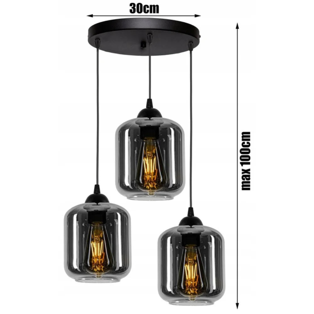 Hanglamp industrieel met 3 glas kappen zwart ‘Smoke’