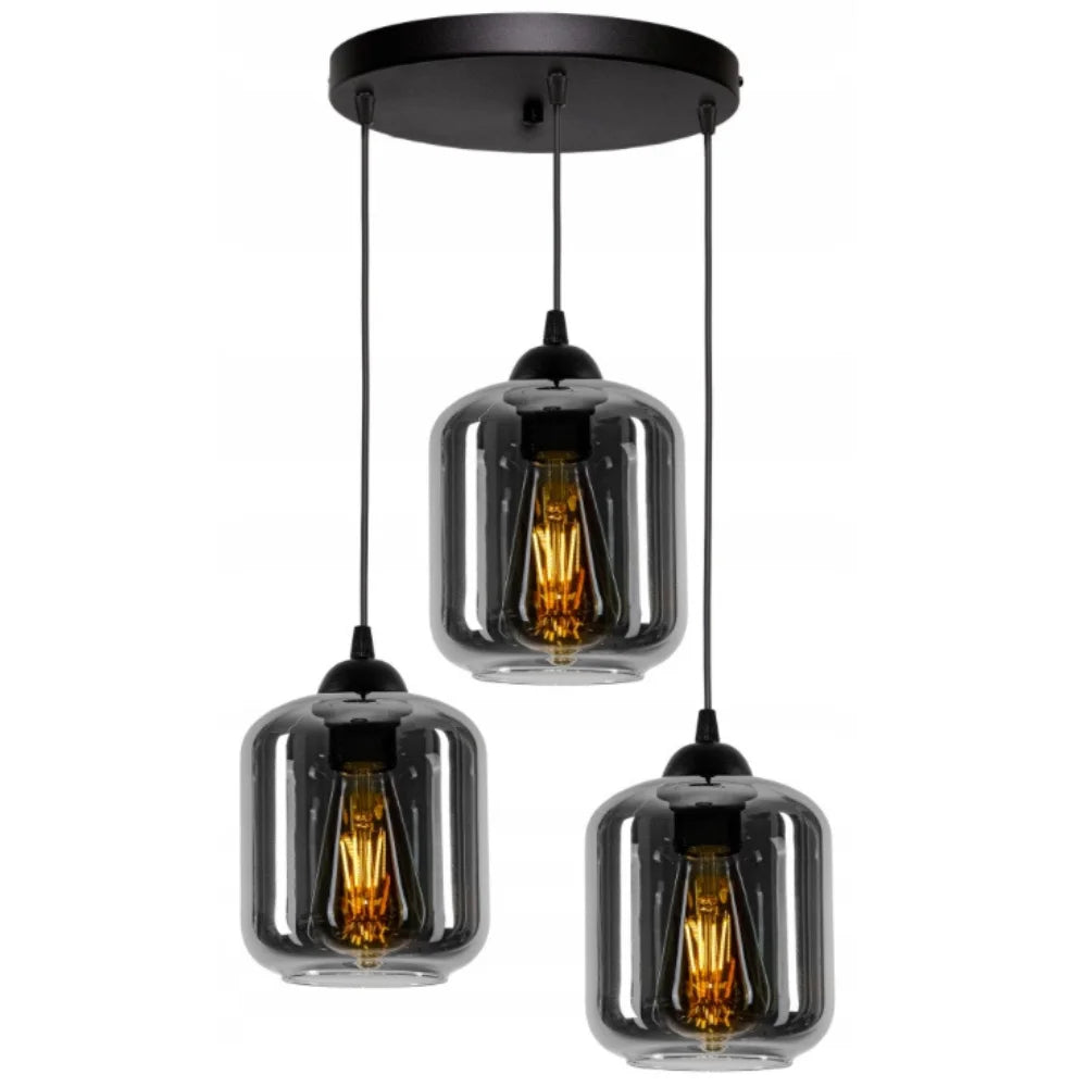 Hanglamp industrieel met 3 glas kappen zwart ‘Smoke’