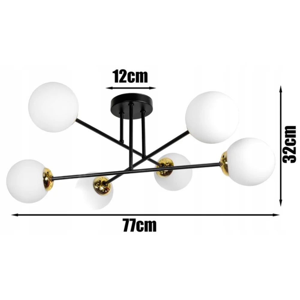 Plafondlamp 6-lamps witte bol zwart/goud