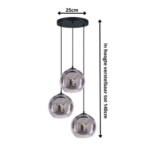 Hanglamp 3-Lichts Bol Rookglas Industrieel Woonkamer Eetkamer Smoke Zwart Grey