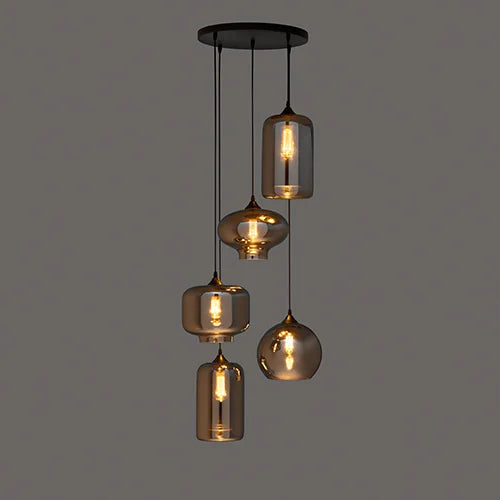 Hanglamp 5-Lichts Mix | Rookglas | Industrieel | Woonkamer | Eetkamer | Smoke | Zwart